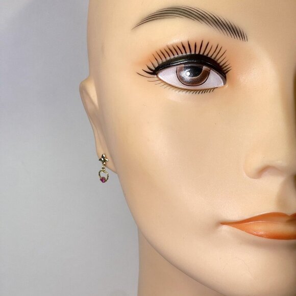 Vintage 14K Gold Post 12K Gold Fill Love Heart Ruby Stone Pierced Earrings Gift - Picture 4 of 10